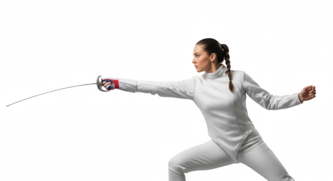 Focused female fencer lunging forward with sword in a studio with transparent background