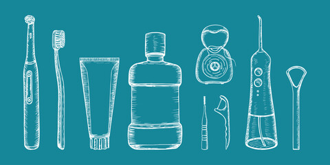 Oral hygiene kit for dental hygiene, in-home dental hygiene. Toothpaste, toothbrush, floss, mouthwash, tongue scraper. Hand drawn vector sketch illustration. Outline doodle clipart isolated