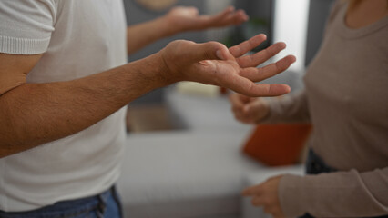 Couple having a discussion in a cozy living room setting, expressing emotions through gestures,...