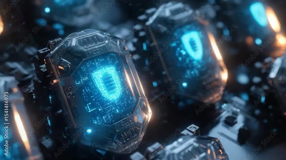 Aufkleber futuristic computer chips with glowing blue shields represent cybersecurity technology and digital p