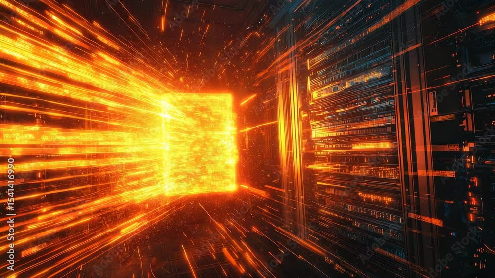 Poster A glowing digital data stream flows rapidly from a bright source toward a futuristic server room filled with vibrant orange lights.