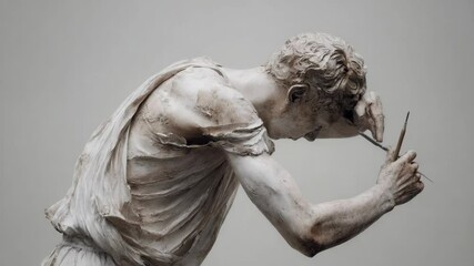 Sculpture of a bent figure holding tools