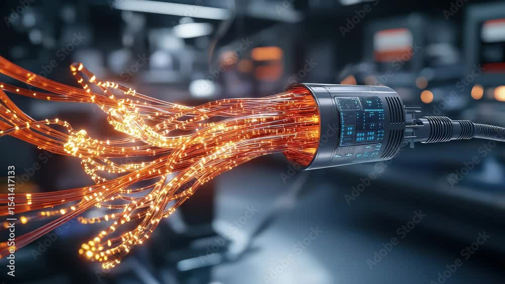 Poster a close-up of glowing fiber optic cables emerging from a futuristic connector in a high-tech environ
