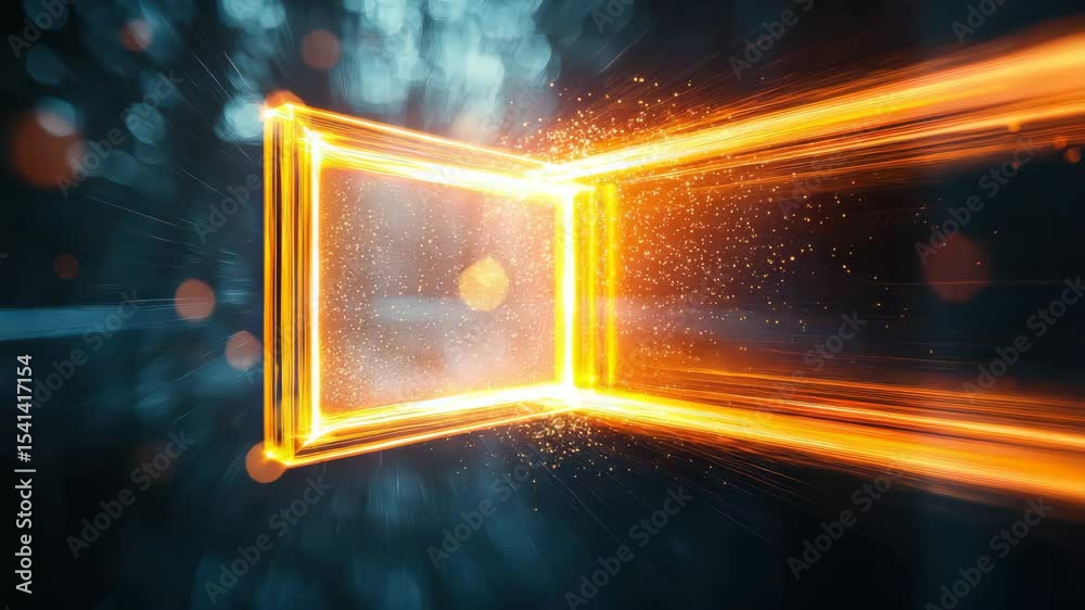 Poster a glowing, futuristic window made of light and energy beams with sparkling particles radiating into 