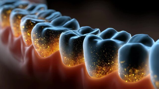 Medical animation showing the spread of glowing bacteria on teeth after a dental procedure, highlighting potential post treatment infection risks and the importance of oral hygiene