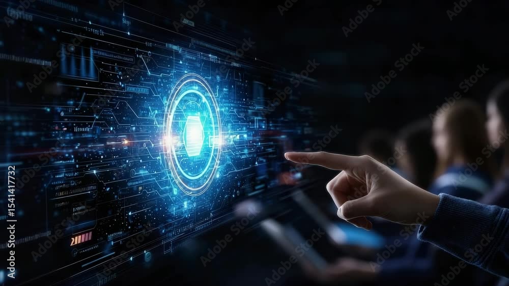 Poster a hand touches a futuristic digital interface with a glowing lock symbol, representing cybersecurity
