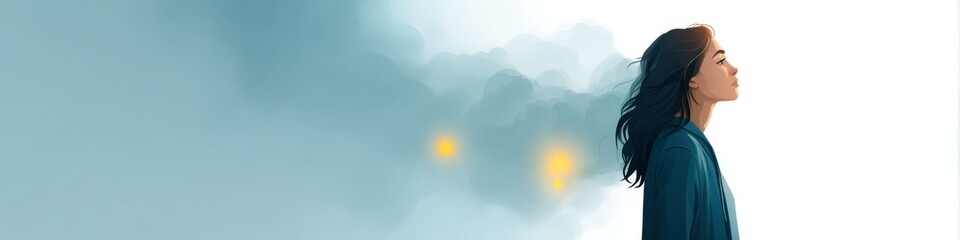 A diverse teenage girl stands calmly against a backdrop of dark swirling clouds that signify depression and anxiety