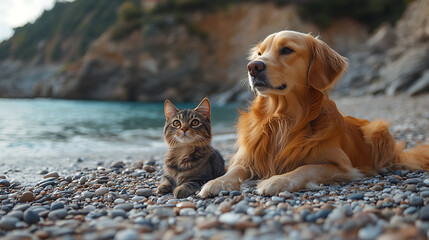 A golden retriever and a tabby cat relaxing on a pebbled beach near tranquil waters