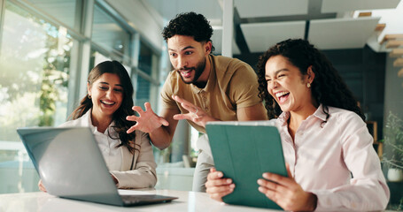 Laughing, meeting and colleagues with laptop, office and humor for project, collaboration and group. Happy, marketing coordinator and people with tablet for campaign, teamwork or employees with jokes