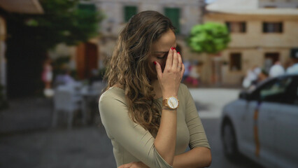 Woman with long hair standing on an urban street outdoors covers face with hand, wearing a watch, looks concerned, with blurred buildings and car in the background.