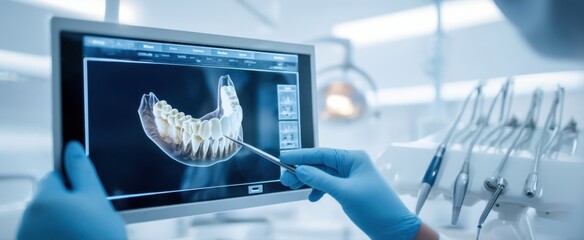 The dentist reviewing digital dental X-ray images on a modern tablet.