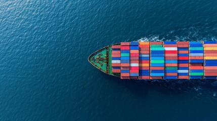 Aerial View of a Large Cargo Ship Sailing on the Ocean Colorful Shipping Containers