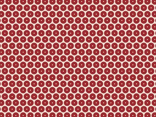 Seamless pattern of red circles with small white dots in the center on a cream background, perfect for various design applications.