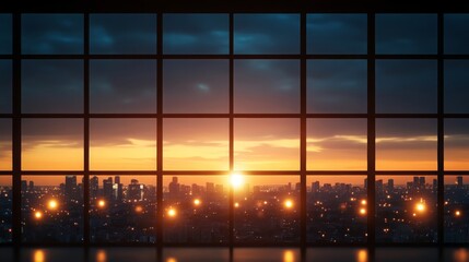 Fototapeta premium Stunning Cityscape Sunset View from Large Window Panorama Golden Hour City Lights at Dusk