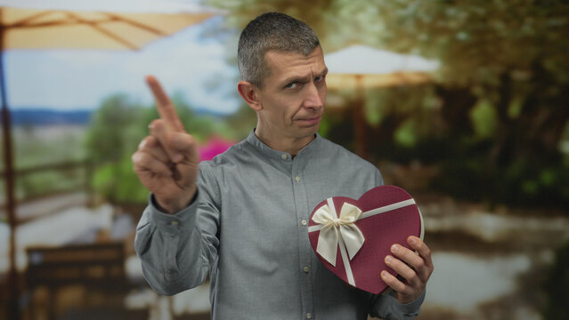 Man on terrace holding heart box, expressing with hand gesture as he stands in outdoor restaurant setting, suggesting a thoughtful situation.