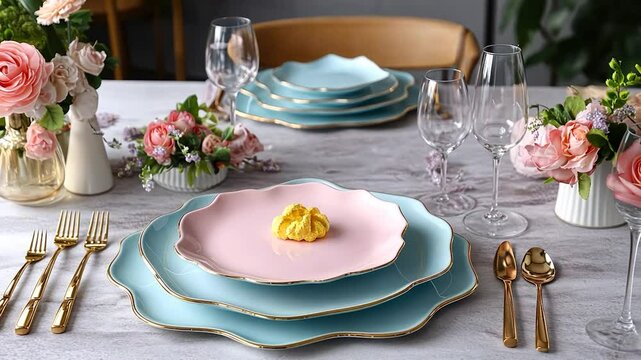 Pastel-toned dinnerware set with gold trim on a light gray table, featuring flowers and dessert