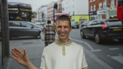 Caucasian man smiling outdoors on a busy city street with cars and iconic red double-decker bus,...