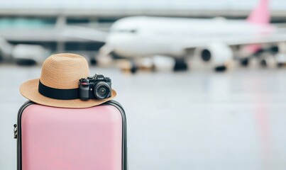 Travel Essentials on Luggage at Airport with Camera and Hat