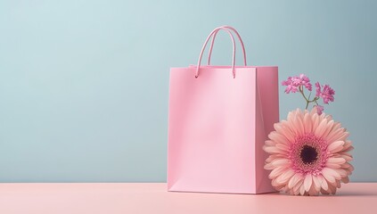 Pink shopping bag, flowers on pastel background