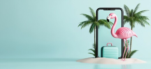 Flamingo and Suitcase by Phone on Tropical Beach Background