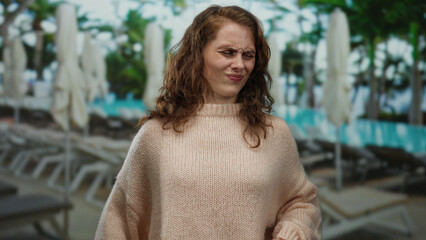 Woman in sweater at outdoor pool resort showing discomfort, suggesting chilly weather, picturesque location, surrounded by lounge chairs and umbrellas.