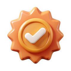 3d render orange checkmark badge isolated on transparent background