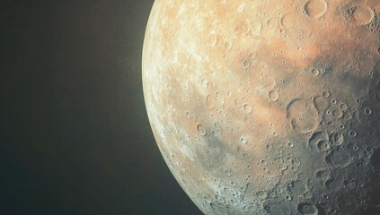 Close-up view of a planet's surface,  showing craters and a pale orange hue against a dark space background