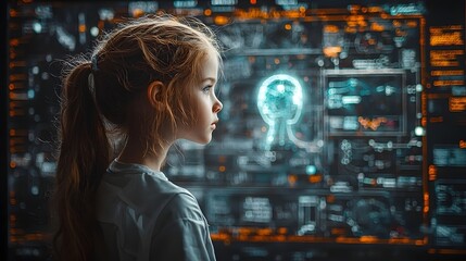 Futuristic classroom where a child engineer collaborates with holographic tutors