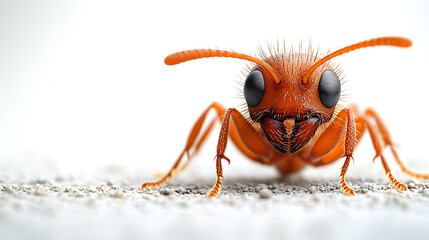 Fototapeta premium Close-up view of a vibrant orange ant showcasing its features on a sandy surface
