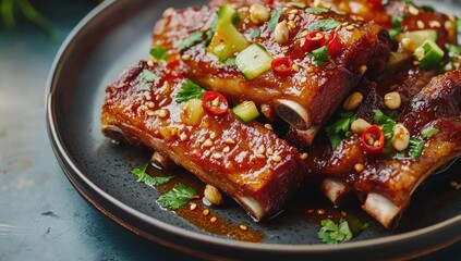 Pork ribs glazed with a sweet, savory sauce, topped with fresh cucumber, chili peppers, and herbs