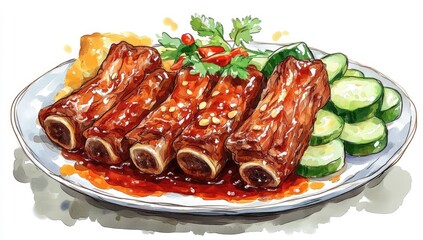 Watercolor illustration of a plate of ribs