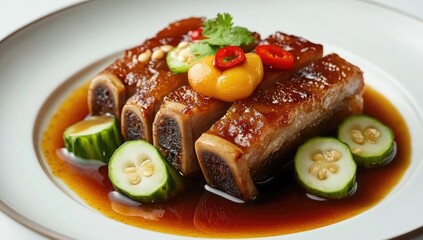 Braised pork ribs,  glazed in a rich sauce, served with cucumber slices and delicate accents