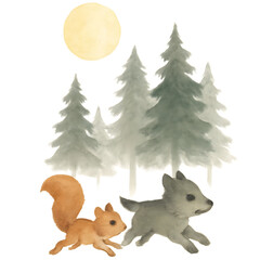 Squirrel and Wolf Cub in Watercolor: A heartwarming watercolor illustration shows a squirrel and wolf cub running together in a serene forest scene under the soft glow of a full moon.