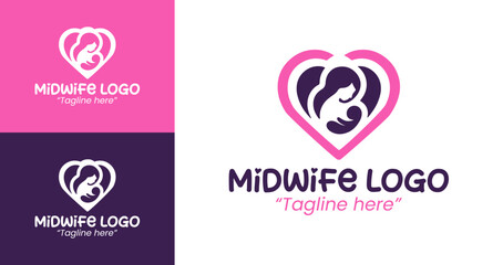 Stylized Midwife Logo Featuring Symbol of Care and Compassion in Pink and White