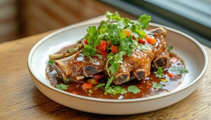 Pork ribs, glazed and garnished, on a plate