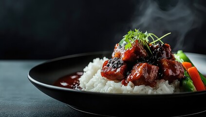 A black plate holds a portion of white rice topped with savory, dark-reddish-brown meat cubes.  Steam rises from the dish.  Garnished with herbs and a few vegetables