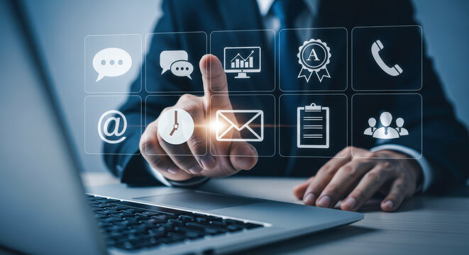 Businessman using laptop with virtual interface business technology and social media network