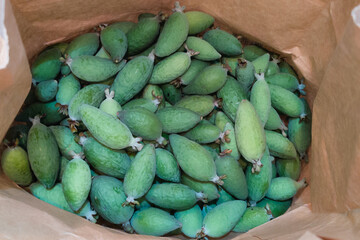 feijoa or brazilian guava heap fruit in brown bag on the farmer market