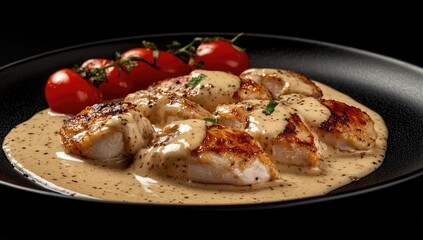 Close-up of pan-seared chicken breasts, bathed in a creamy sauce, alongside cherry tomatoes