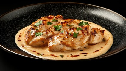 Three grilled chicken breasts, bathed in a creamy, light beige sauce, garnished with fresh herbs