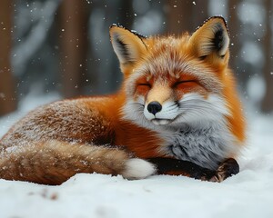 Fototapeta premium A red fox curled up in a snowy forest