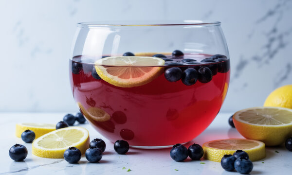 Side View of a Festive Punch Bowl with Floating Blueberries and Lemon Slices