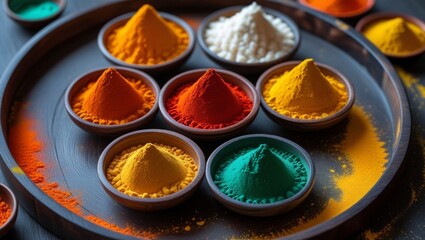  Colorful rangoli pigment powders arranged neatly in bowls atop a dark wooden tray, evoking festive celebration vibes