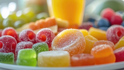 Close-up of assorted colorful jelly candies on a plate