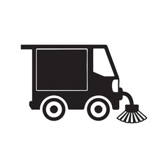 Street Sweeper Truck Silhouette – Flat Minimalist Vector Icon of Cleaning Vehicle on White Backgroun.
