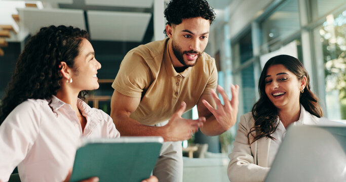 Businessman, women and laptop in office with team, tablet and talk for deal at creative agency. People, group and leader with staff, planning and solution with smile, agenda or support at company