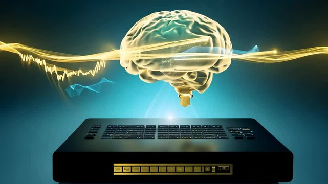 Brain with plug connector floats above smart device. Health scan captures brain signals. Medical interface shows brain diagnostics. Brain connection streams health data to technology console.