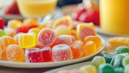Colorful jelly candies on a plate, with blurred background of drinks and other sweets