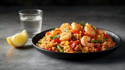 Spicy shrimp and vegetable rice dish on a dark plate.  A glass of water and lemon wedge are beside it