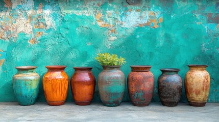 Colorful handcrafted urns against teal wall